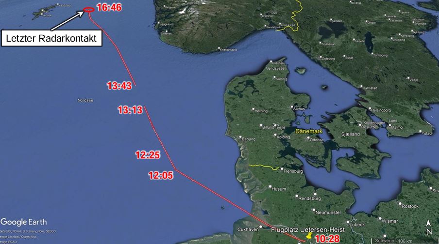 Eine Grafik zeigt den Flugverlauf der Cessna über der Nordsee.